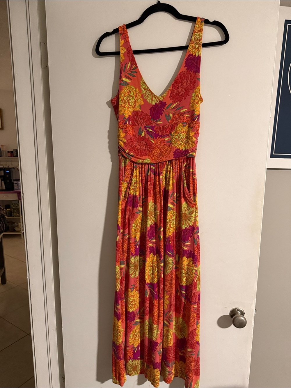Sleeveless Floral Maxi Dress in Coral, Yellow & Magenta